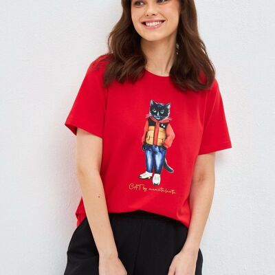 Rotes bedrucktes T-Shirt SPORT CASUAL CAT