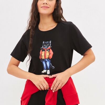 Schwarzes bedrucktes T-Shirt SPORT CASUAL CAT