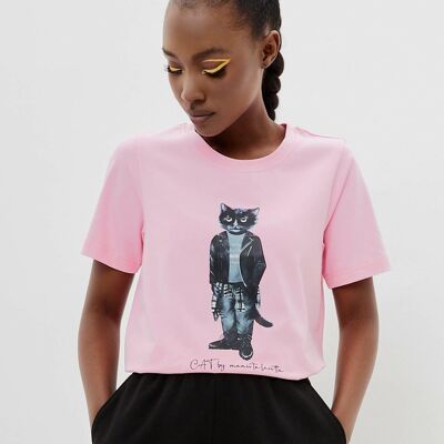 T-shirt stampata rosa ROCKER CAT