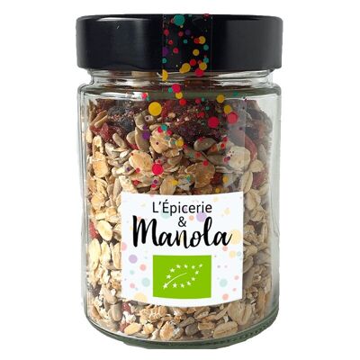 Müsli von Manola – 160 g Glas – geschälte Sonnenblumenkerne, WEIZENflocken, Haferflocken, Cashewnüsse, Preiselbeeren, Goji-Beeren