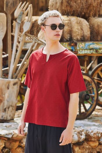 Chemise Boho Hippie à manches courtes pour hommes rouge foncé 2