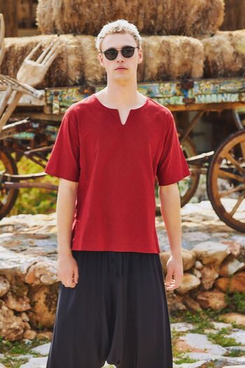 Chemise Boho Hippie à manches courtes pour hommes rouge foncé 3