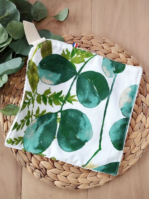 Serviette visage lavable  coton motif feuilles et éponge bambou