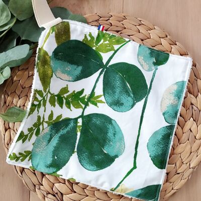 Serviette visage lavable  coton motif feuilles et éponge bambou