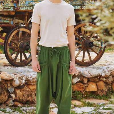 Pantalones bohemios con entrepierna caída para hombre, color verde