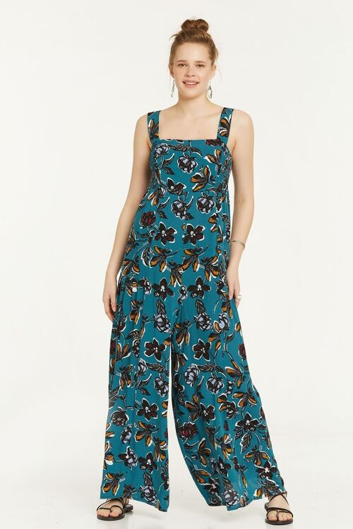 Flower Print Flowy Jumpsuit with Square Neck Turquoise