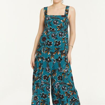 Flower Print Flowy Jumpsuit with Square Neck Turquoise