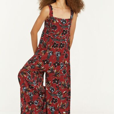 Flower Print Flowy Jumpsuit with Square Neck Red