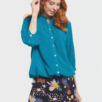 Loose Fit Women's Shirt with Band Collar Turquoise