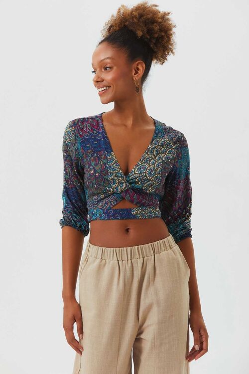 Knot Front Crop Top with Cutout Detail Turquoise