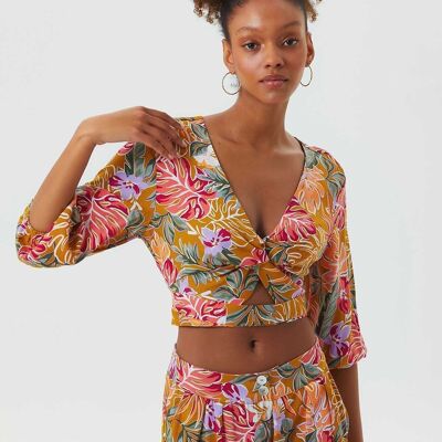Knot Front Crop Top with Cutout Detail Mustard