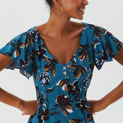 Vestido bohemio corto con detalle de manga ondulada Verde azulado