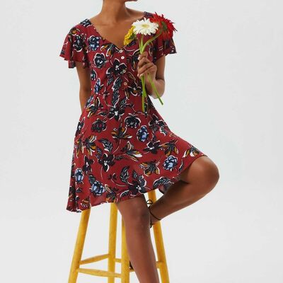 Flutter Sleeve Detailed Short Boho Dress Dark Red