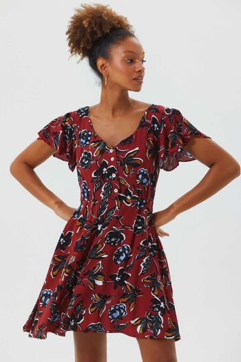 Robe Boho courte détaillée à manches flottantes rouge foncé 3