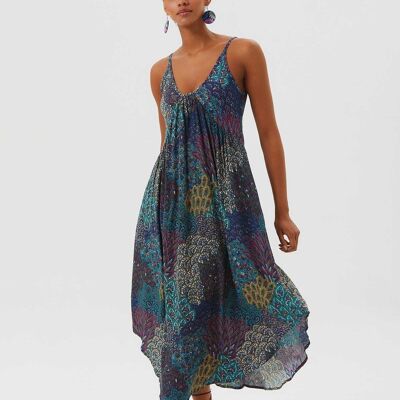 Midi Summer Dress with Patchwork Print Turquoise