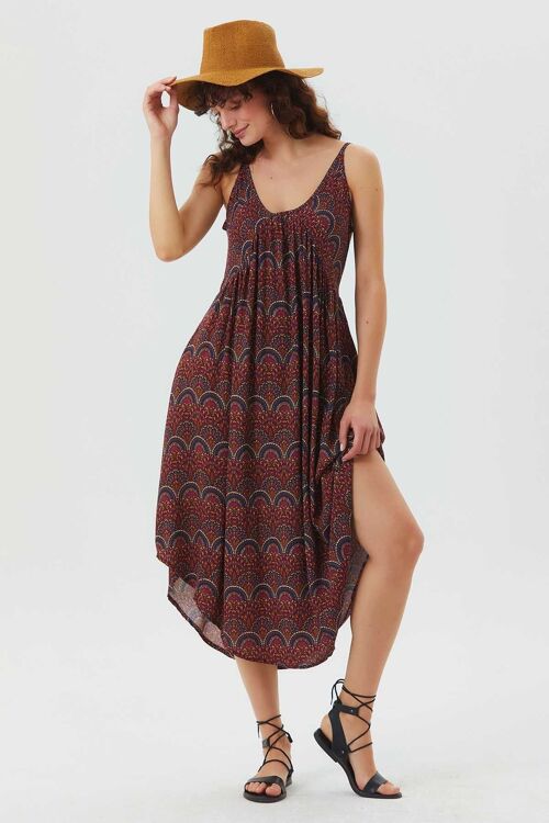 Midi Summer Dress with Patchwork Print Purple