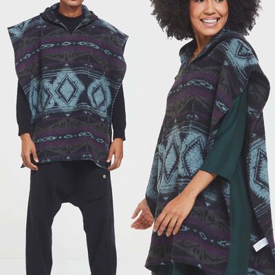 Ethnic Patterned Hooded Poncho Purple
