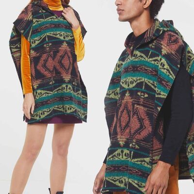 Ethnic Patterned Hooded Poncho Green