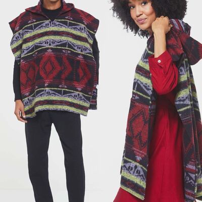 Ethnic Patterned Hooded Poncho Red