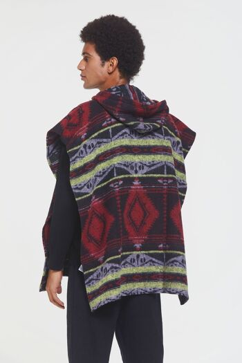 Poncho à Capuche à Motifs Ethnique Rouge 4