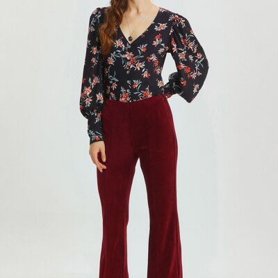 Pantalón De Mujer De Pana De Punto Acampanado Rojo Oscuro