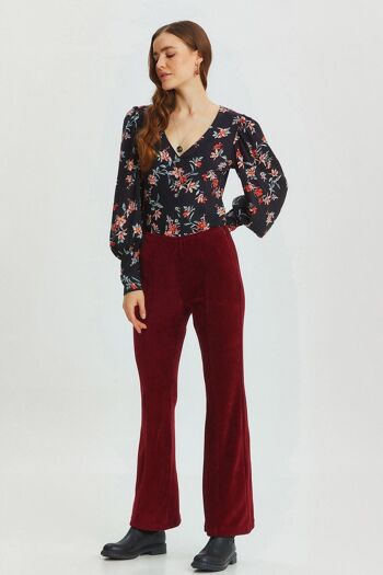 Pantalon Femme En Velours Côtelé Tricoté Jambe Évasée Rouge Foncé 1