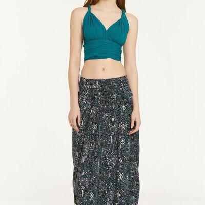 Elastic Waist Oriental Print Skirt Pants Turquoise