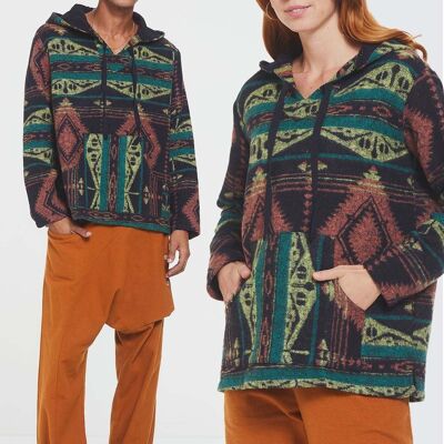 Ethnic Patterned Striped Unisex Pullover Green