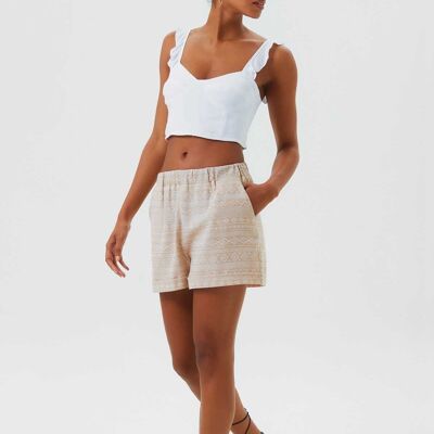 Shorts mit elastischer Taille und ethnischem Muster für Damen in Beige