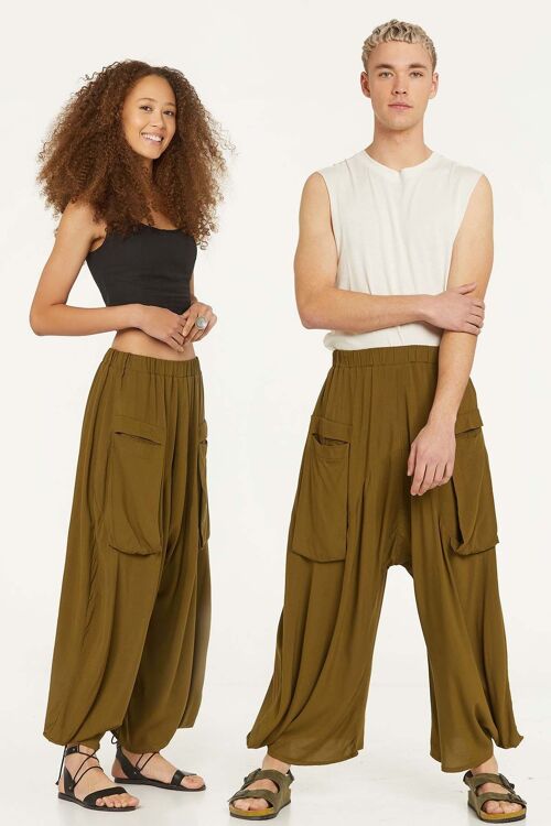 Elastic Waist Harem Style Unisex Pants Khaki