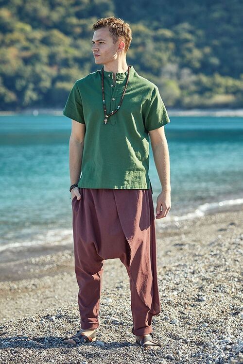 Elastic Waist Men's Hippie Cotton Harem Pants Brown