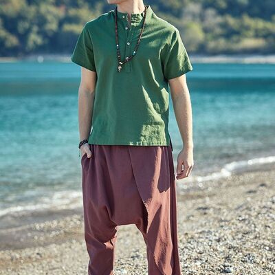 Sarouel hippie en coton pour hommes, taille élastique, marron