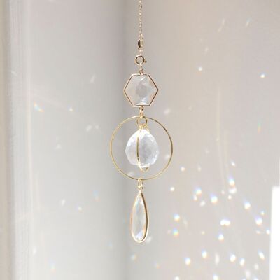 Suncatcher GLOW, Crystal and brass sun catcher, Minimalist and Bohemian decoration, Celestial and Magical hanging mobile
