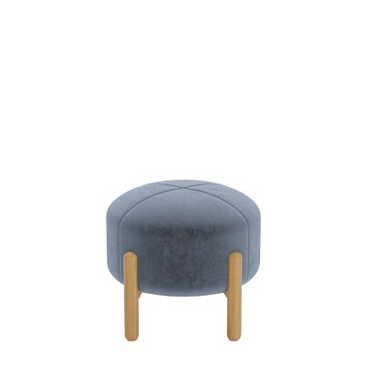 Round pouf in navy blue velvet & Camélia wood