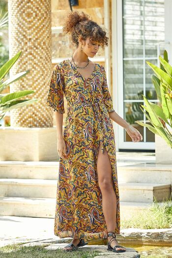 Robe Longue Boho à Double Boutonnage Paisley Jaune 1