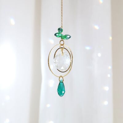 EMERALD Suncatcher, Crystal and brass sun catcher, Minimalist and Bohemian decoration, Celestial and Magical hanging mobile