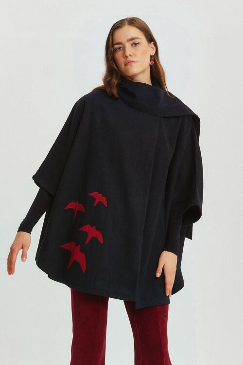 Bird Appliqué Bohemian Poncho Black