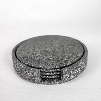 Glass coasters round set of 4 with box faux leather stingray grey