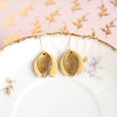 Light yellow and gold leather tulip earrings