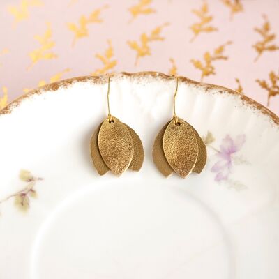 Olive green and gold leather tulip earrings