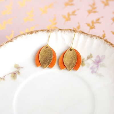 Orange and gold leather tulip earrings