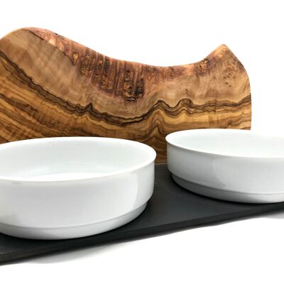 Feeding station MOUNTAIN 2x 0.9 litre porcelain bowl olive wood