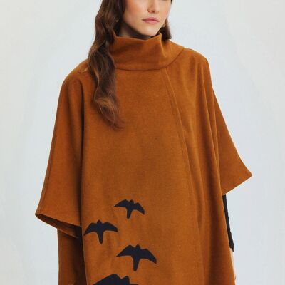 Poncho Bohème Appliqué Oiseau Camel