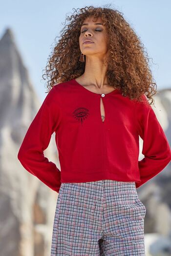 Chemisier d'hiver Boho brodé à col bateau rouge 1