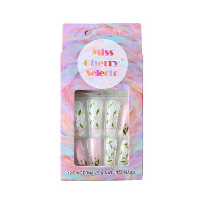 Künstliche Nägel zum Aufdrücken der Nägel Miss Cherry Selecto 12 Nägel – Romantische Blumen