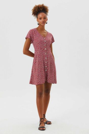 Robe D'été Mini Boutonnée Florale Rouge 2