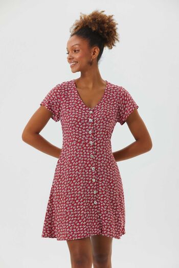 Robe D'été Mini Boutonnée Florale Rouge 3