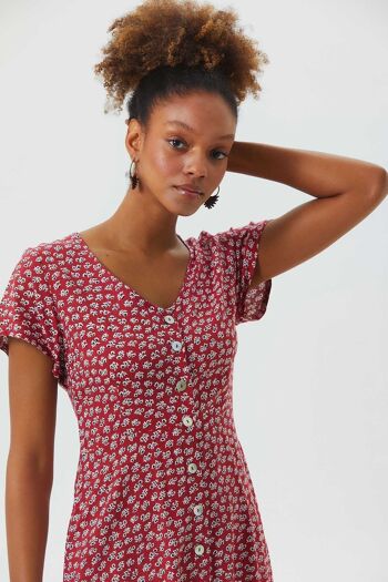 Robe D'été Mini Boutonnée Florale Rouge 5