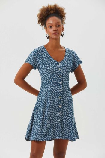 Robe D'été Mini Boutonnée Florale Bleu 1