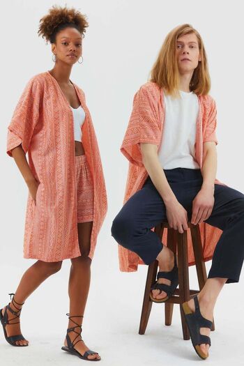 Kimono Ethnique Coton Manches Courtes Orange 1